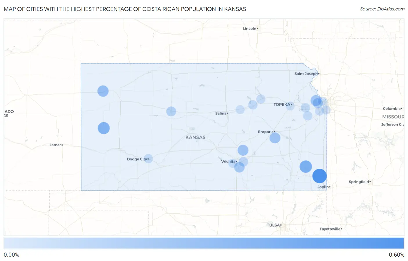 Cities with the Highest Percentage of Costa Rican Population in Kansas Map