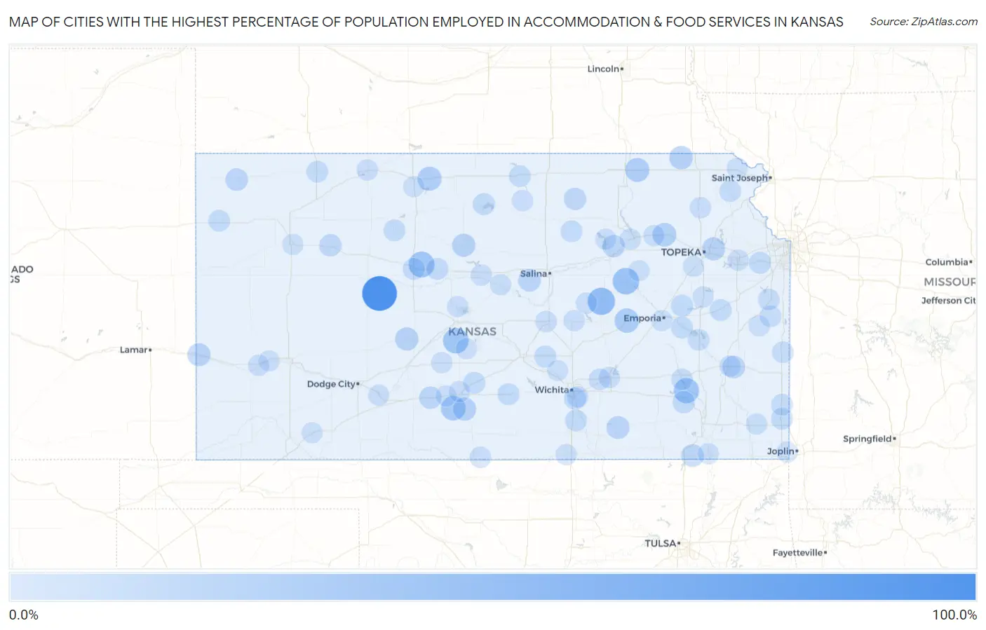 Cities with the Highest Percentage of Population Employed in Accommodation & Food Services in Kansas Map