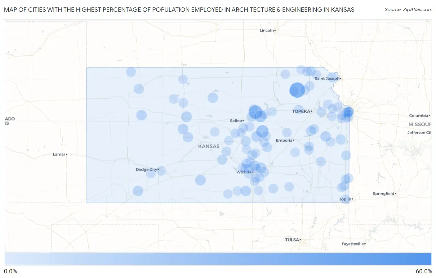Cities with the Highest Percentage of Population Employed in Architecture & Engineering in Kansas Map