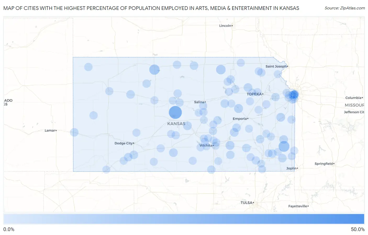 Cities with the Highest Percentage of Population Employed in Arts, Media & Entertainment in Kansas Map