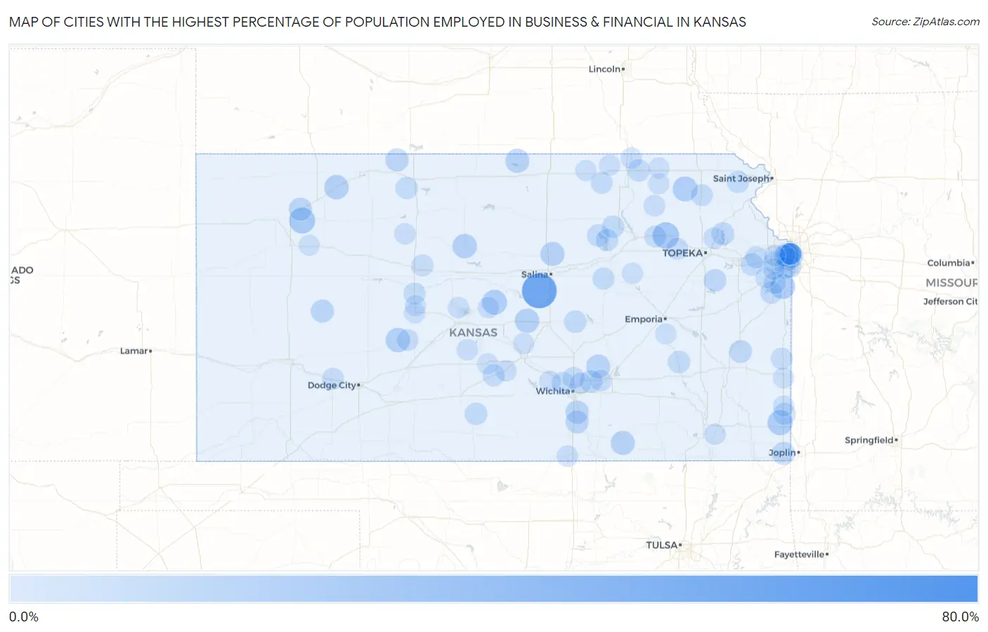 Cities with the Highest Percentage of Population Employed in Business & Financial in Kansas Map