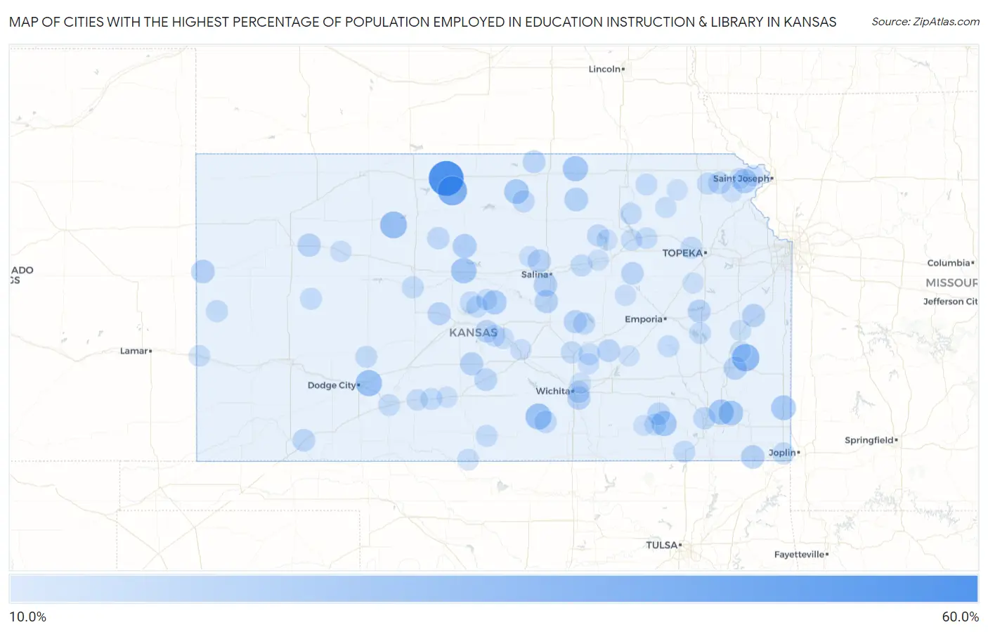 Cities with the Highest Percentage of Population Employed in Education Instruction & Library in Kansas Map