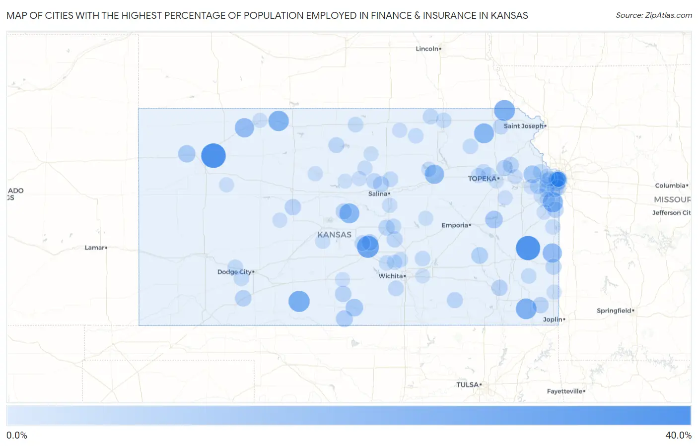 Cities with the Highest Percentage of Population Employed in Finance & Insurance in Kansas Map