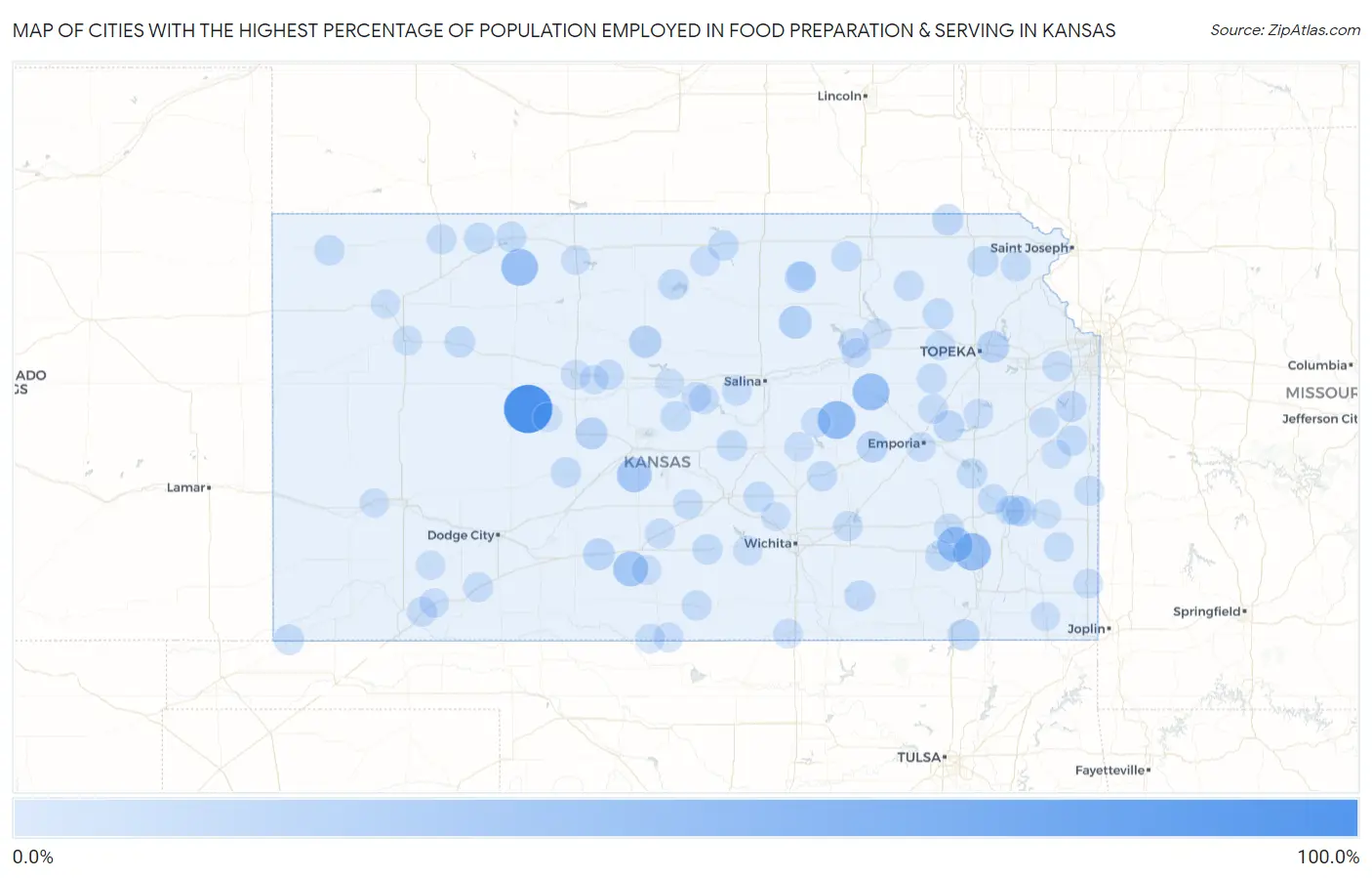 Cities with the Highest Percentage of Population Employed in Food Preparation & Serving in Kansas Map