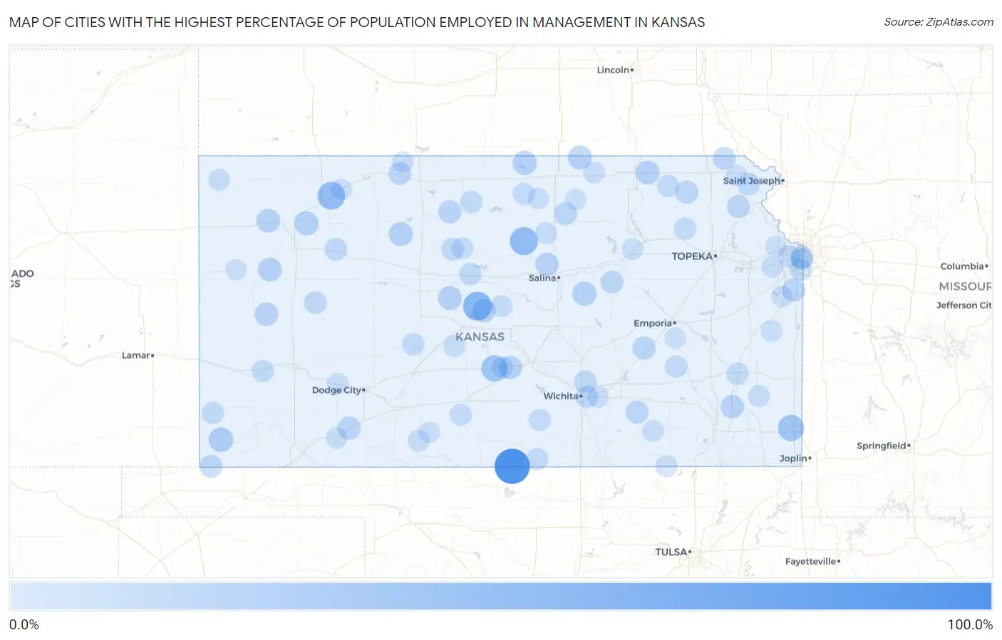 Cities with the Highest Percentage of Population Employed in Management in Kansas Map
