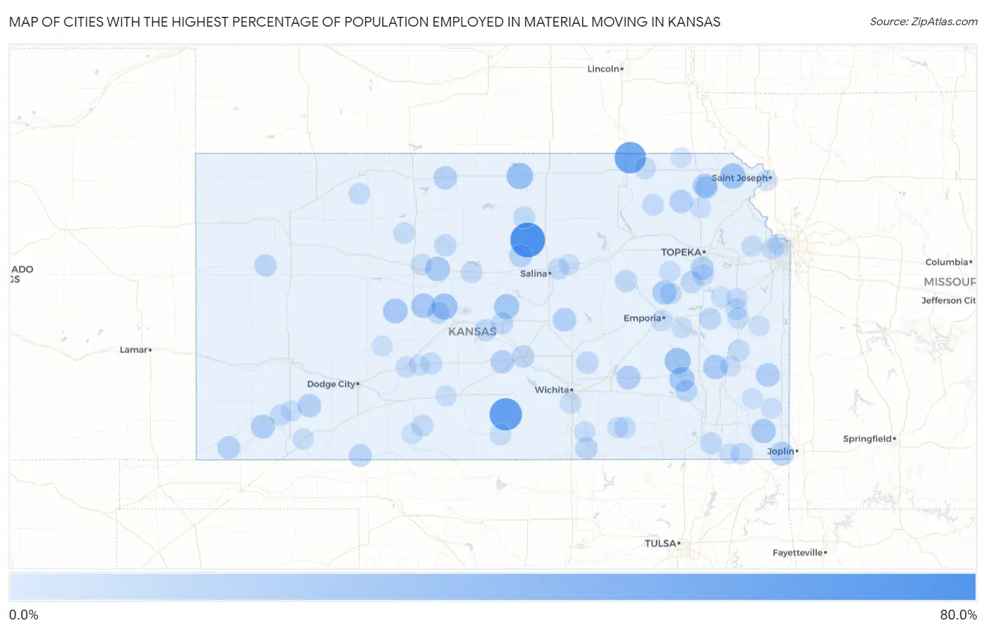Cities with the Highest Percentage of Population Employed in Material Moving in Kansas Map