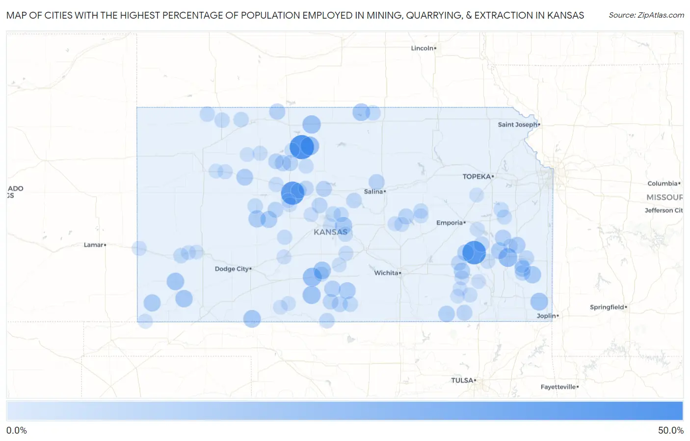 Cities with the Highest Percentage of Population Employed in Mining, Quarrying, & Extraction in Kansas Map