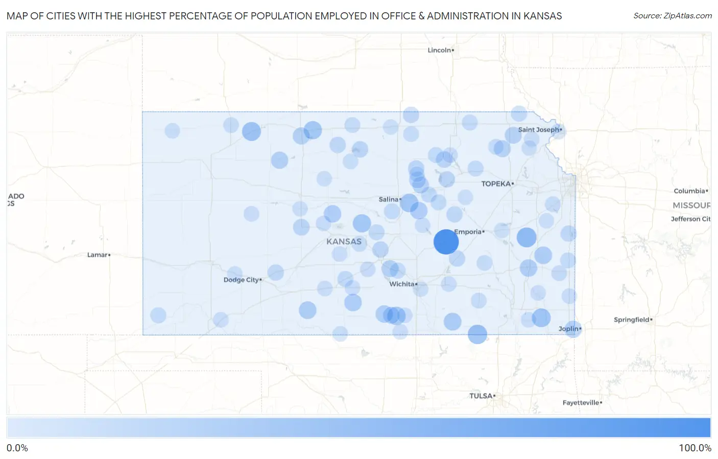 Cities with the Highest Percentage of Population Employed in Office & Administration in Kansas Map