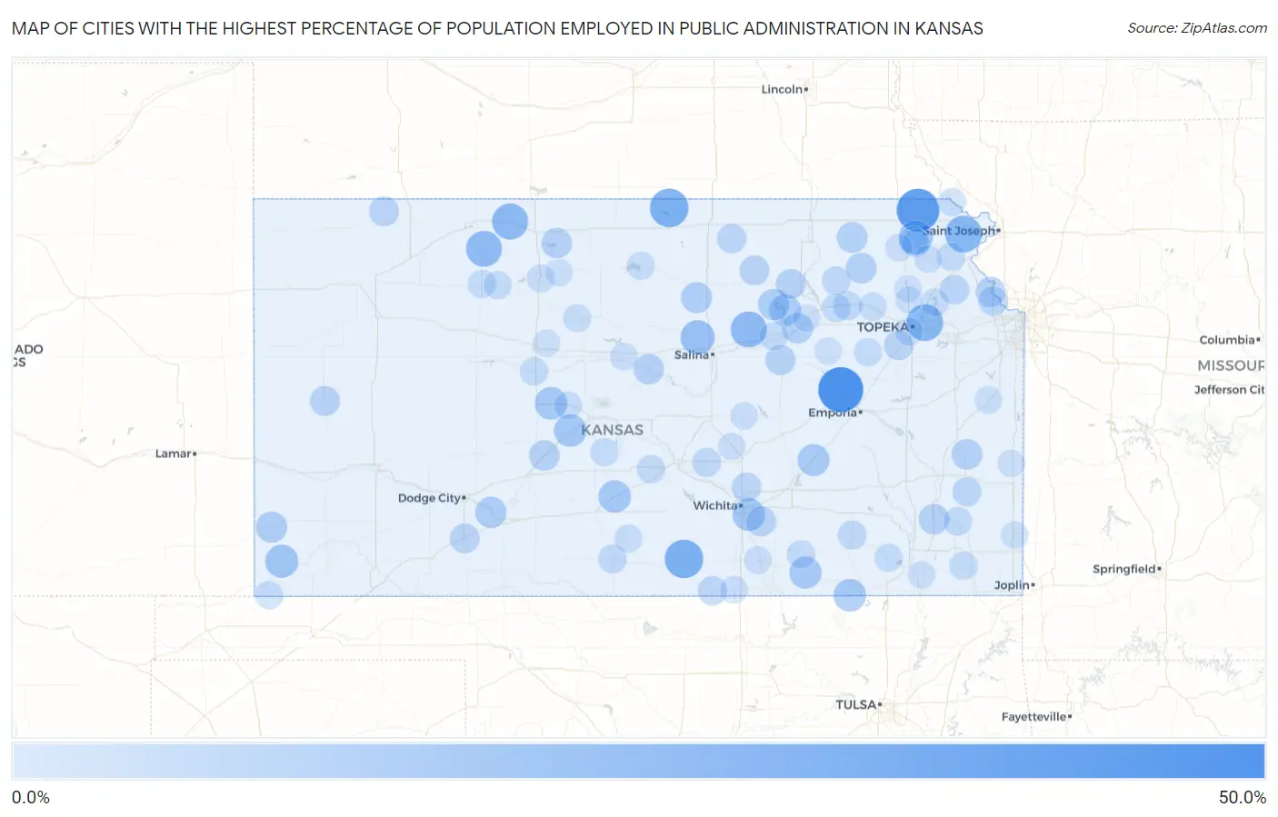 Cities with the Highest Percentage of Population Employed in Public Administration in Kansas Map