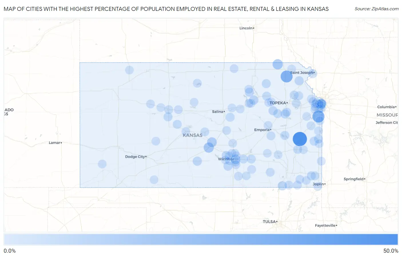 Cities with the Highest Percentage of Population Employed in Real Estate, Rental & Leasing in Kansas Map