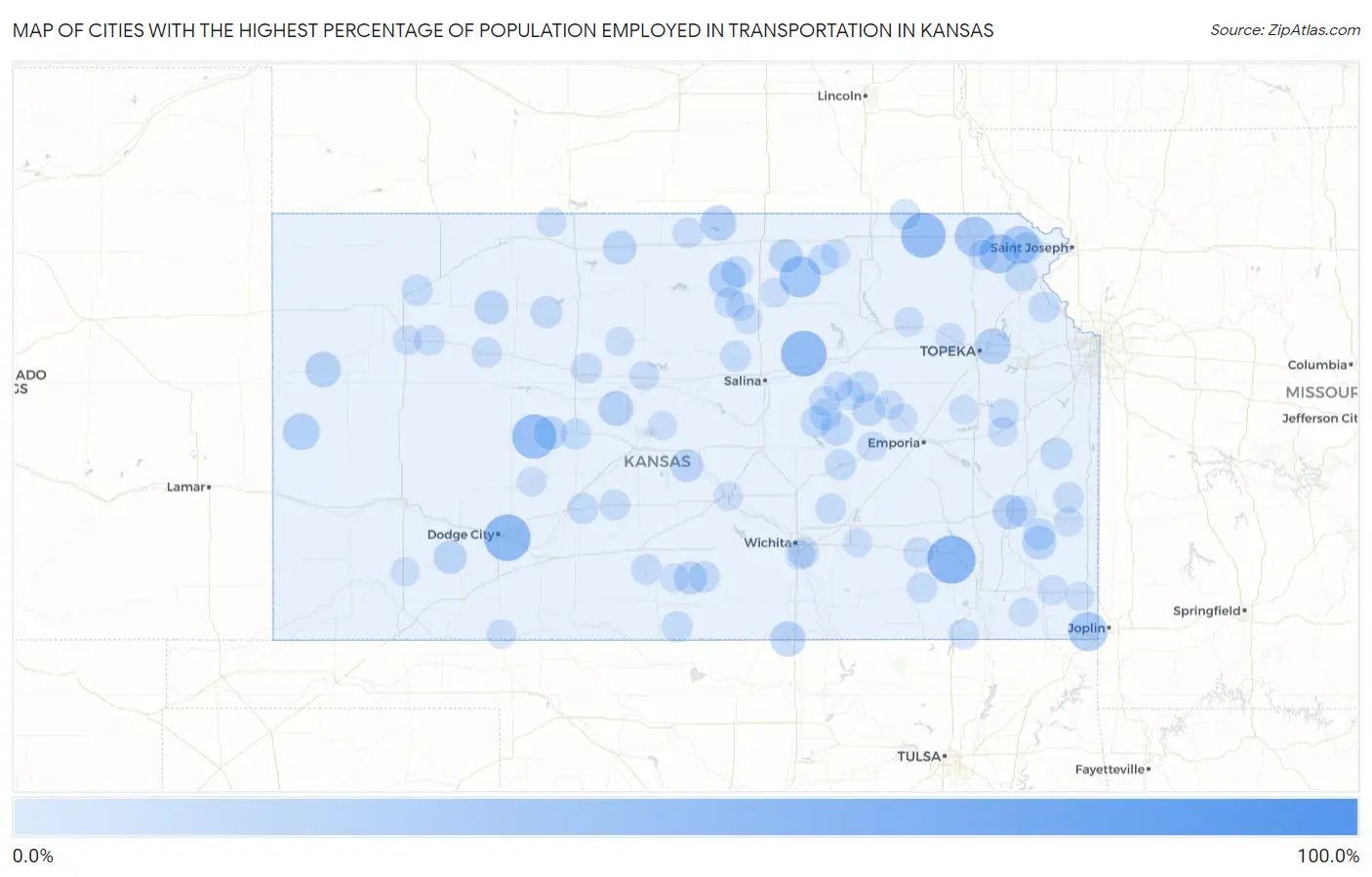 Cities with the Highest Percentage of Population Employed in Transportation in Kansas Map