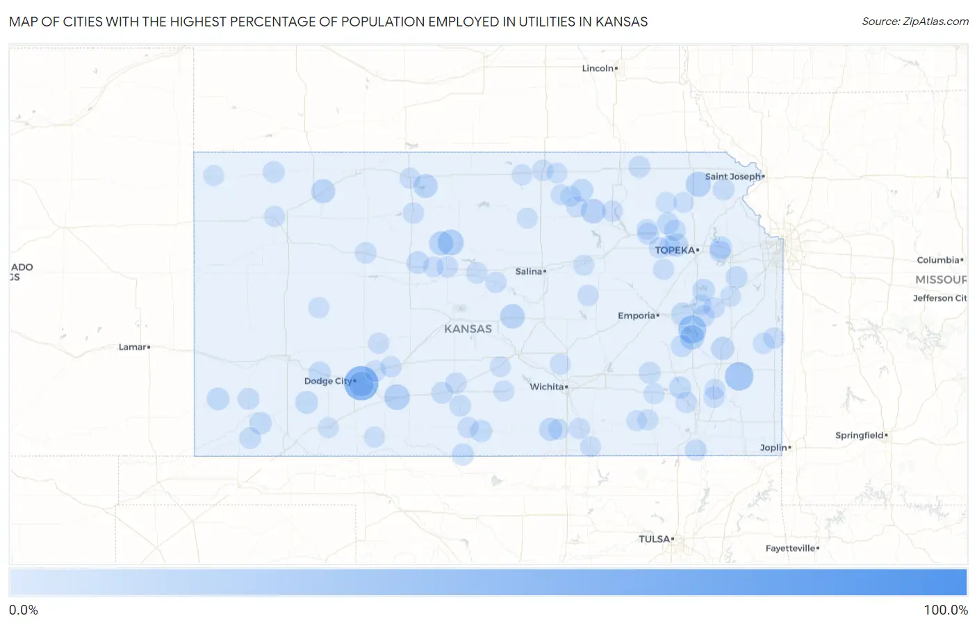 Cities with the Highest Percentage of Population Employed in Utilities in Kansas Map