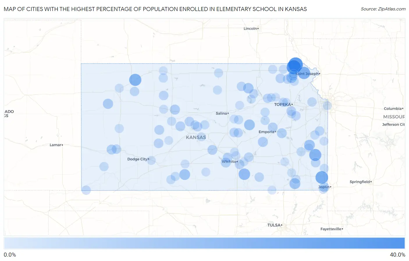 Cities with the Highest Percentage of Population Enrolled in Elementary School in Kansas Map
