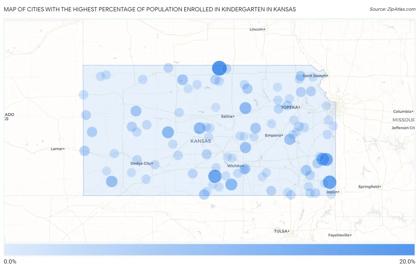 Cities with the Highest Percentage of Population Enrolled in Kindergarten in Kansas Map
