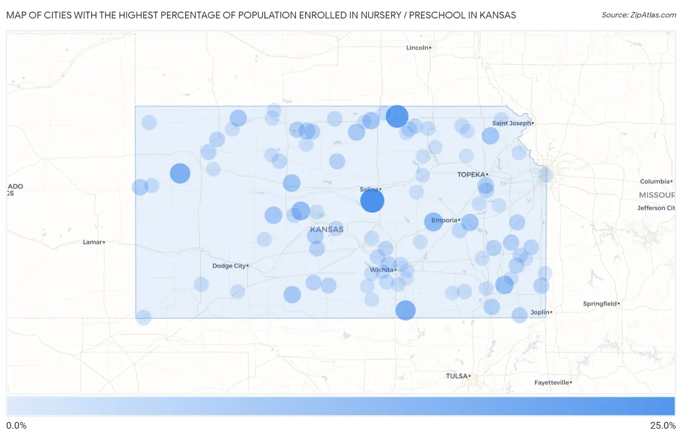 Cities with the Highest Percentage of Population Enrolled in Nursery / Preschool in Kansas Map