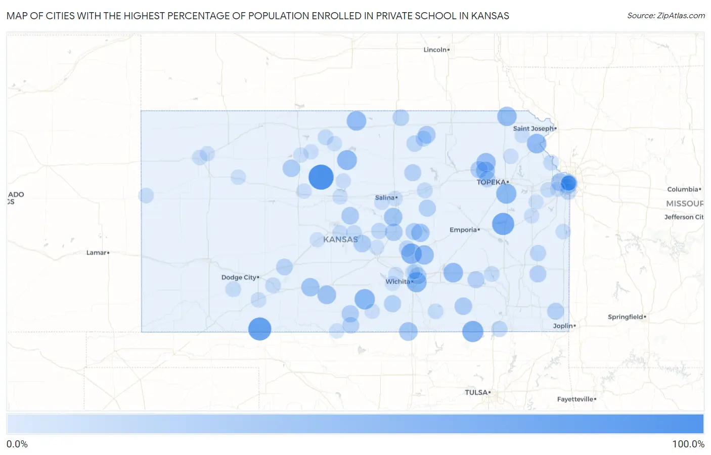Cities with the Highest Percentage of Population Enrolled in Private School in Kansas Map