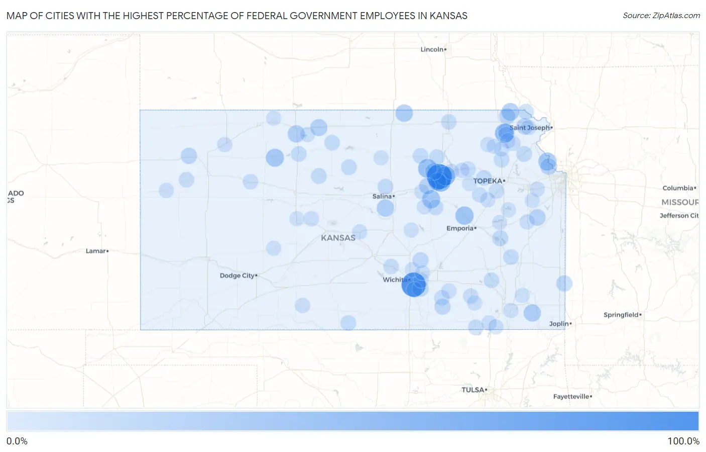 Cities with the Highest Percentage of Federal Government Employees in Kansas Map
