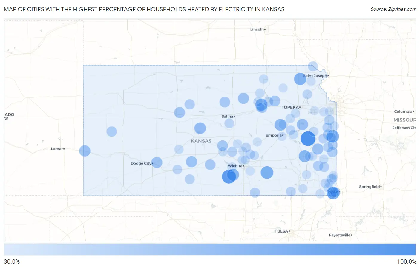 Cities with the Highest Percentage of Households Heated by Electricity in Kansas Map