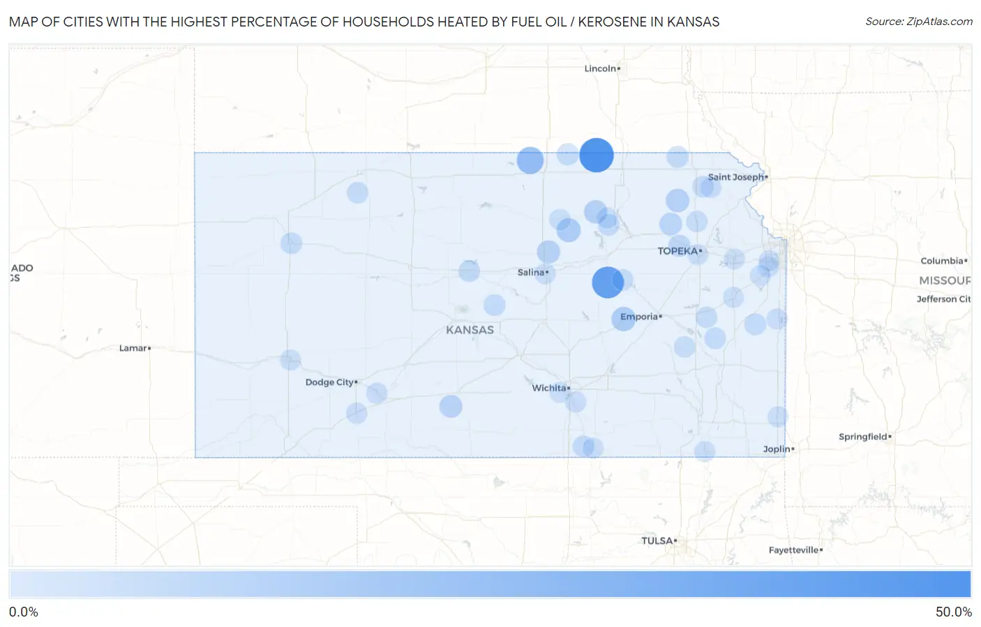 Cities with the Highest Percentage of Households Heated by Fuel Oil / Kerosene in Kansas Map