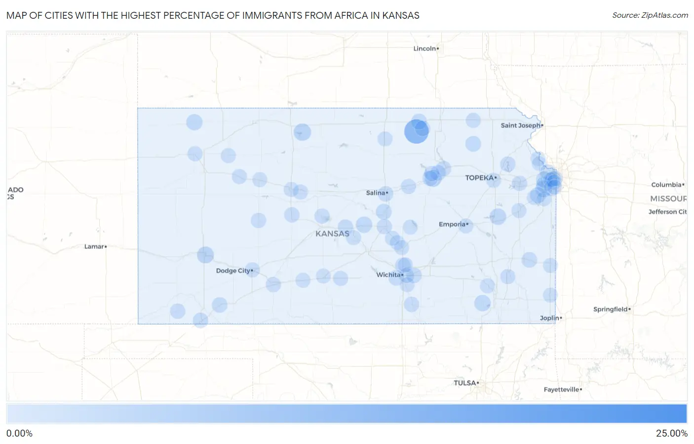 Cities with the Highest Percentage of Immigrants from Africa in Kansas Map