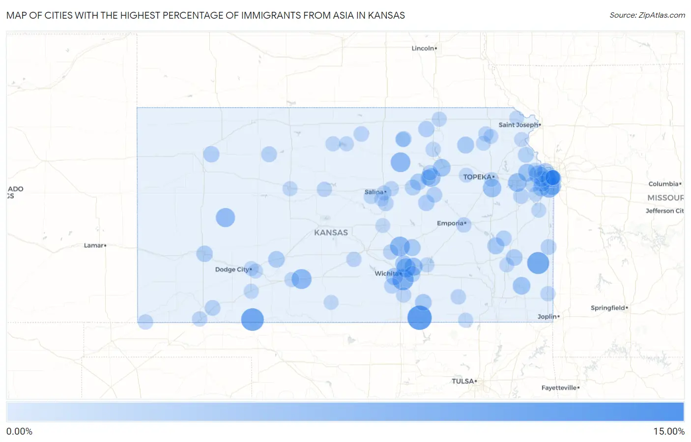 Cities with the Highest Percentage of Immigrants from Asia in Kansas Map