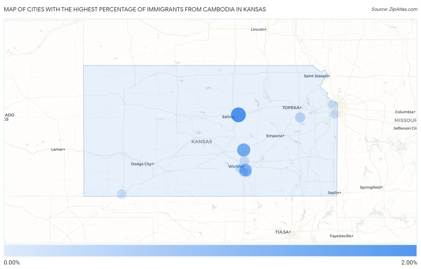 Cities with the Highest Percentage of Immigrants from Cambodia in Kansas Map
