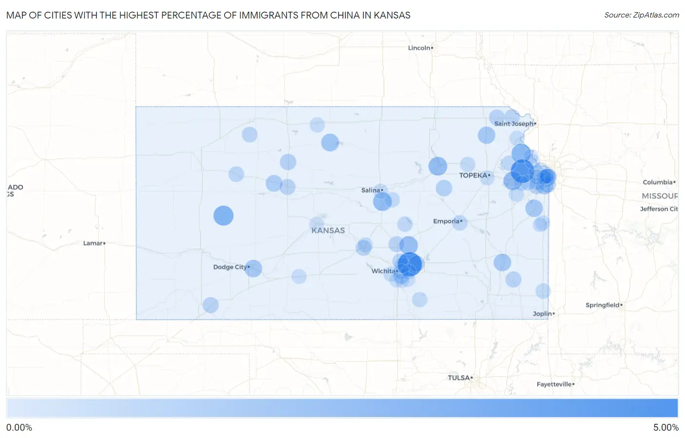 Cities with the Highest Percentage of Immigrants from China in Kansas Map