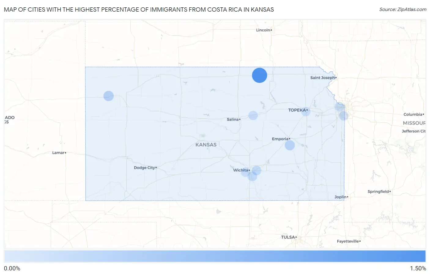 Cities with the Highest Percentage of Immigrants from Costa Rica in Kansas Map
