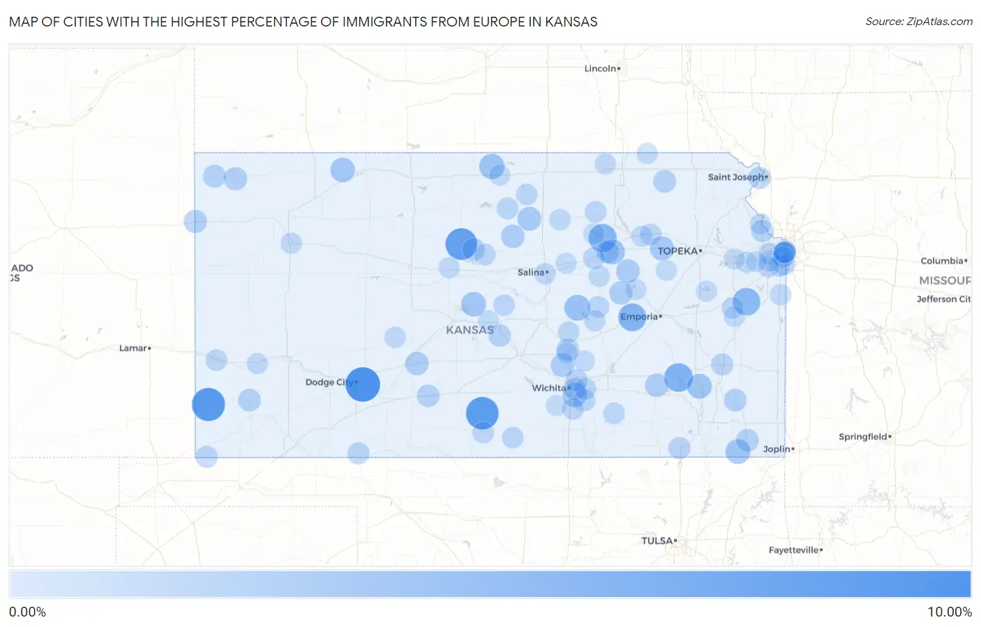 Cities with the Highest Percentage of Immigrants from Europe in Kansas Map