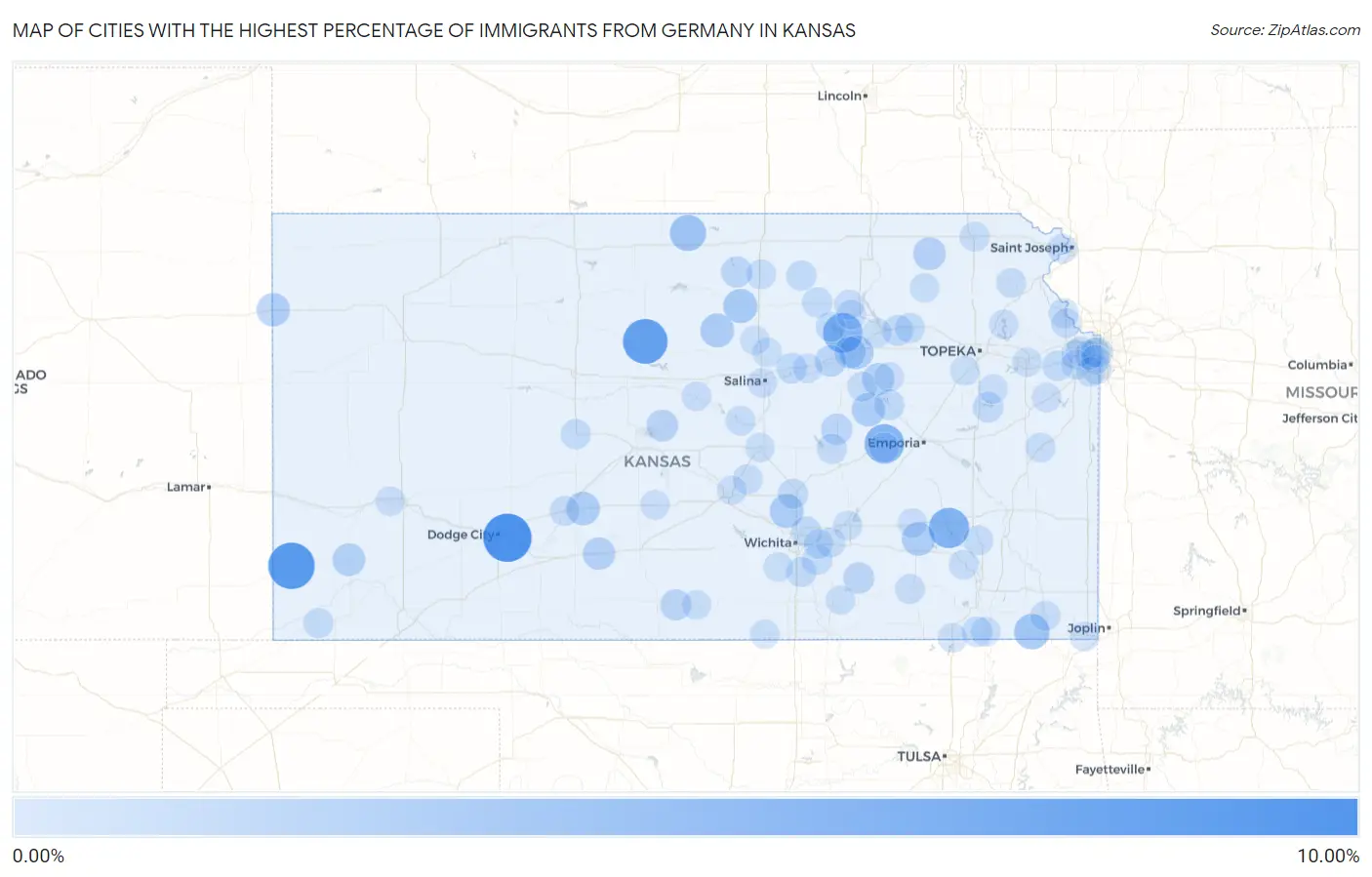 Cities with the Highest Percentage of Immigrants from Germany in Kansas Map