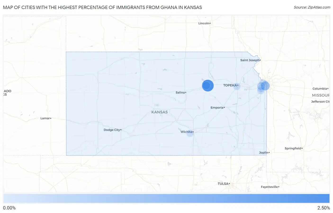 Cities with the Highest Percentage of Immigrants from Ghana in Kansas Map