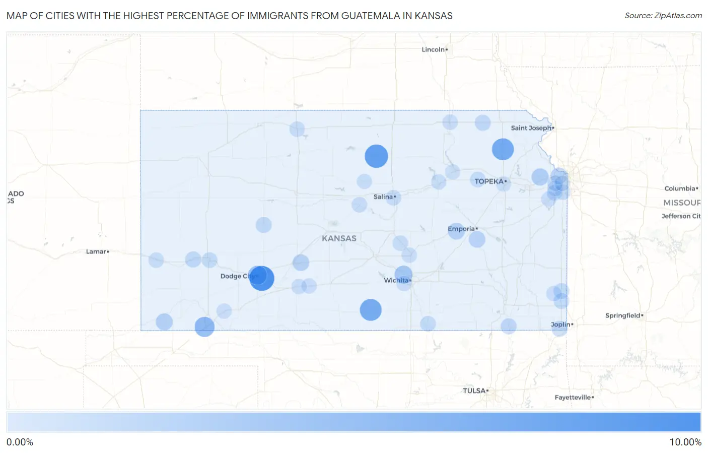 Cities with the Highest Percentage of Immigrants from Guatemala in Kansas Map