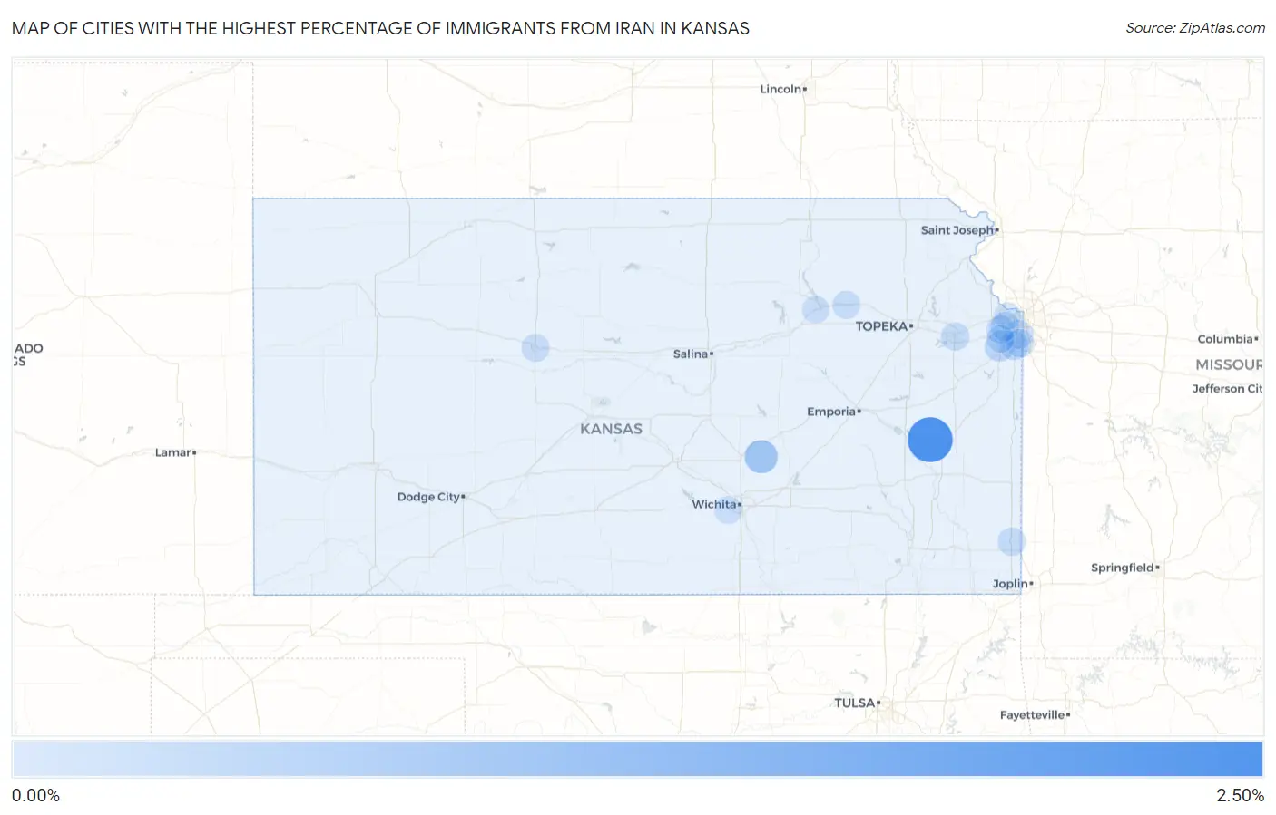 Cities with the Highest Percentage of Immigrants from Iran in Kansas Map