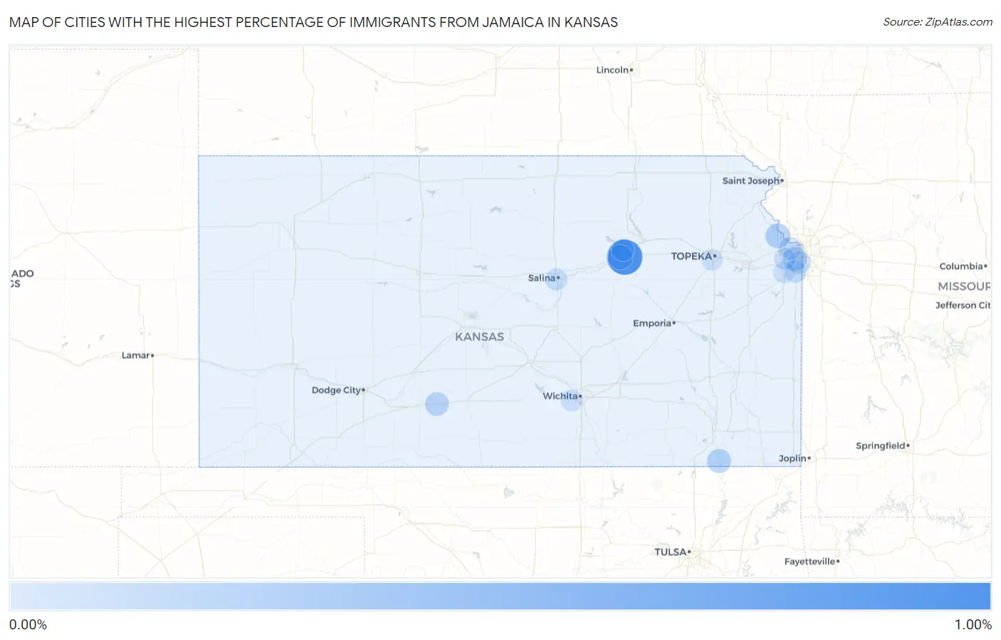 Cities with the Highest Percentage of Immigrants from Jamaica in Kansas Map