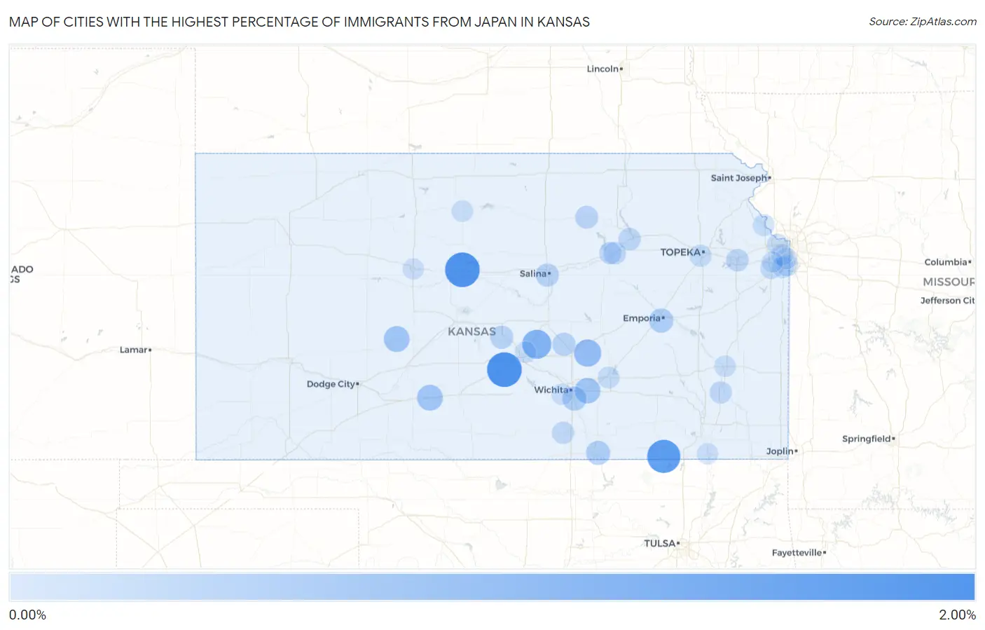 Cities with the Highest Percentage of Immigrants from Japan in Kansas Map