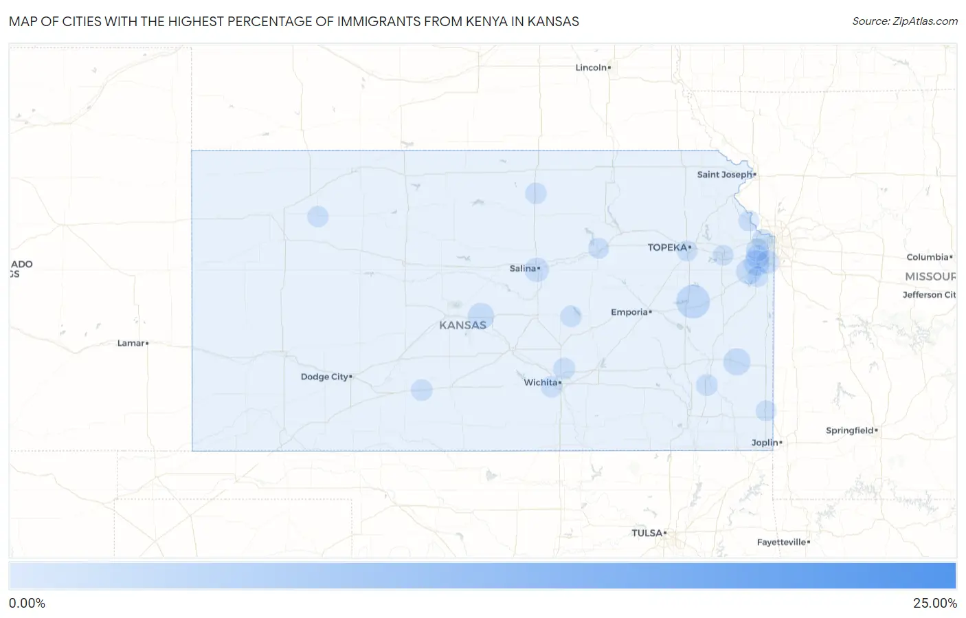 Cities with the Highest Percentage of Immigrants from Kenya in Kansas Map