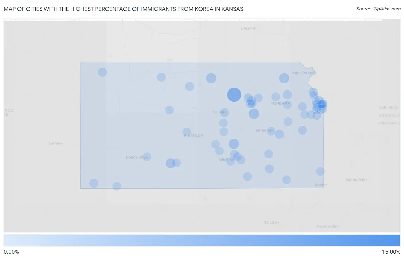 Cities with the Highest Percentage of Immigrants from Korea in Kansas Map