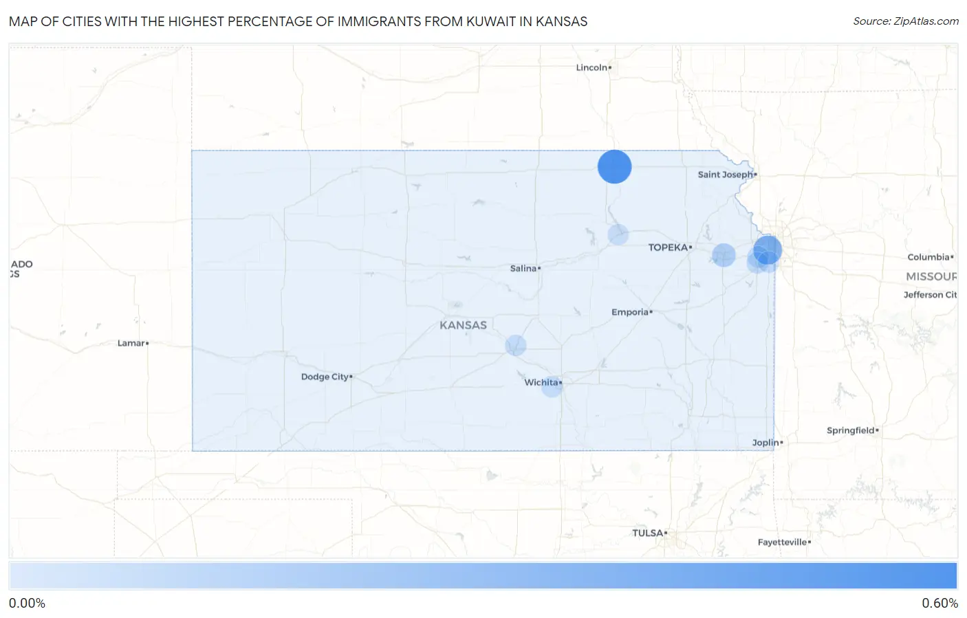 Cities with the Highest Percentage of Immigrants from Kuwait in Kansas Map