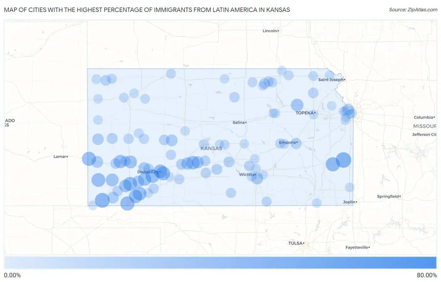 Cities with the Highest Percentage of Immigrants from Latin America in Kansas Map