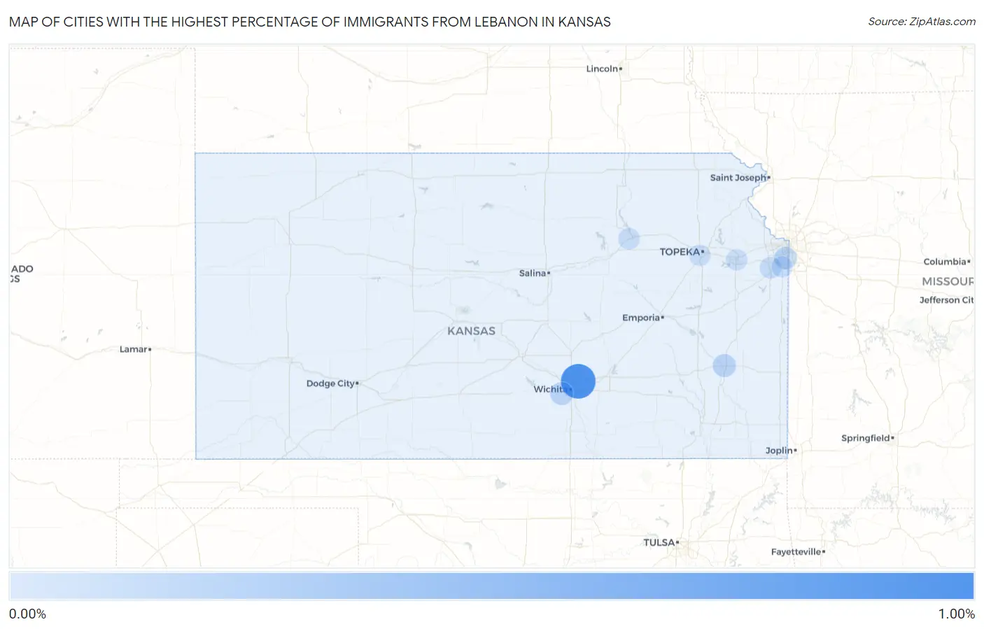 Cities with the Highest Percentage of Immigrants from Lebanon in Kansas Map