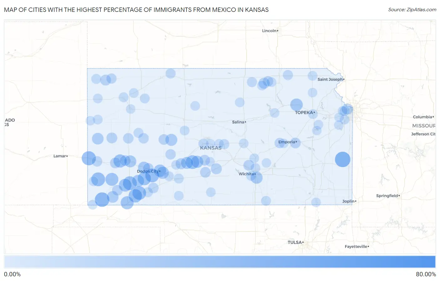Cities with the Highest Percentage of Immigrants from Mexico in Kansas Map