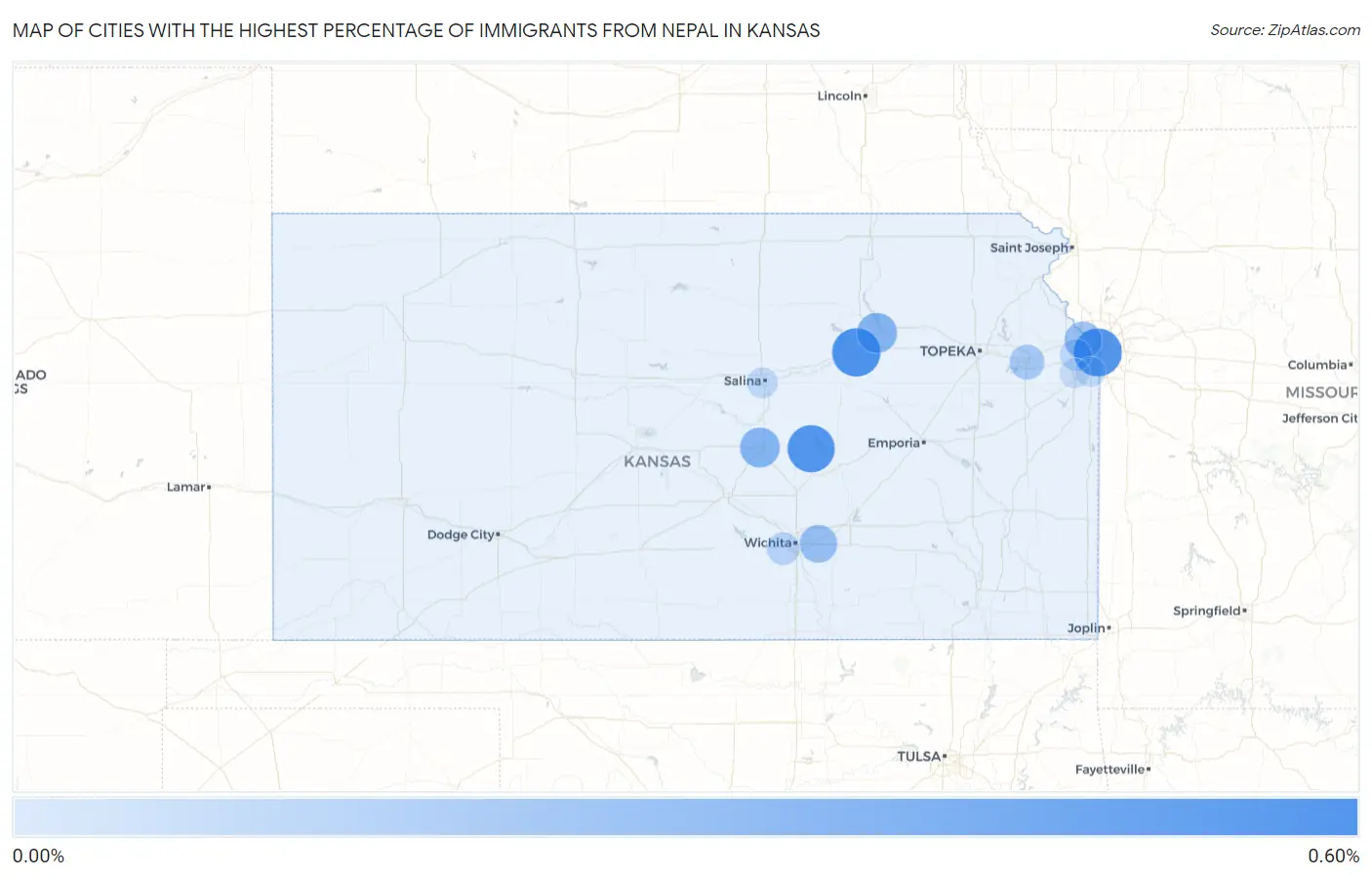 Cities with the Highest Percentage of Immigrants from Nepal in Kansas Map