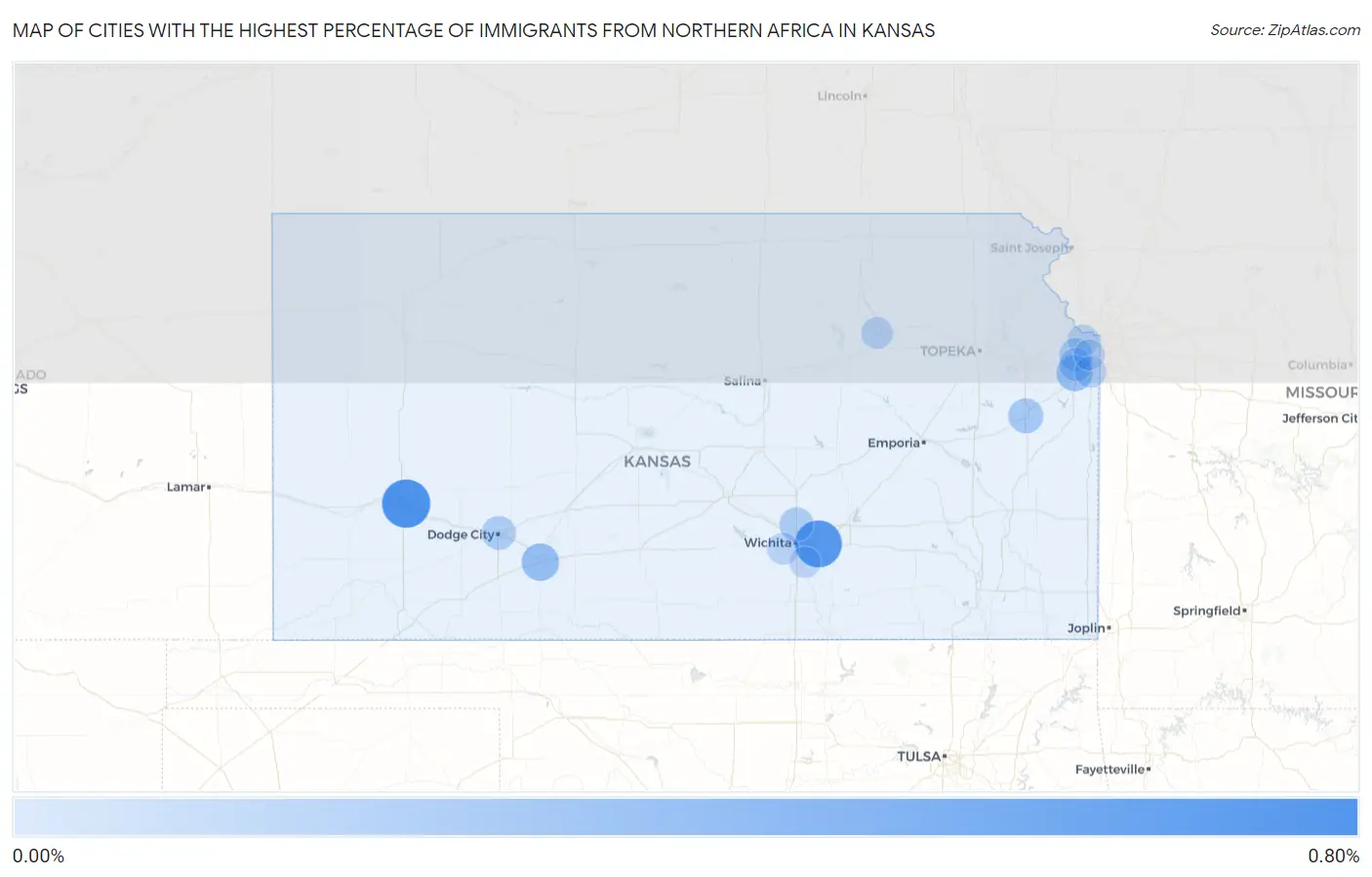 Cities with the Highest Percentage of Immigrants from Northern Africa in Kansas Map