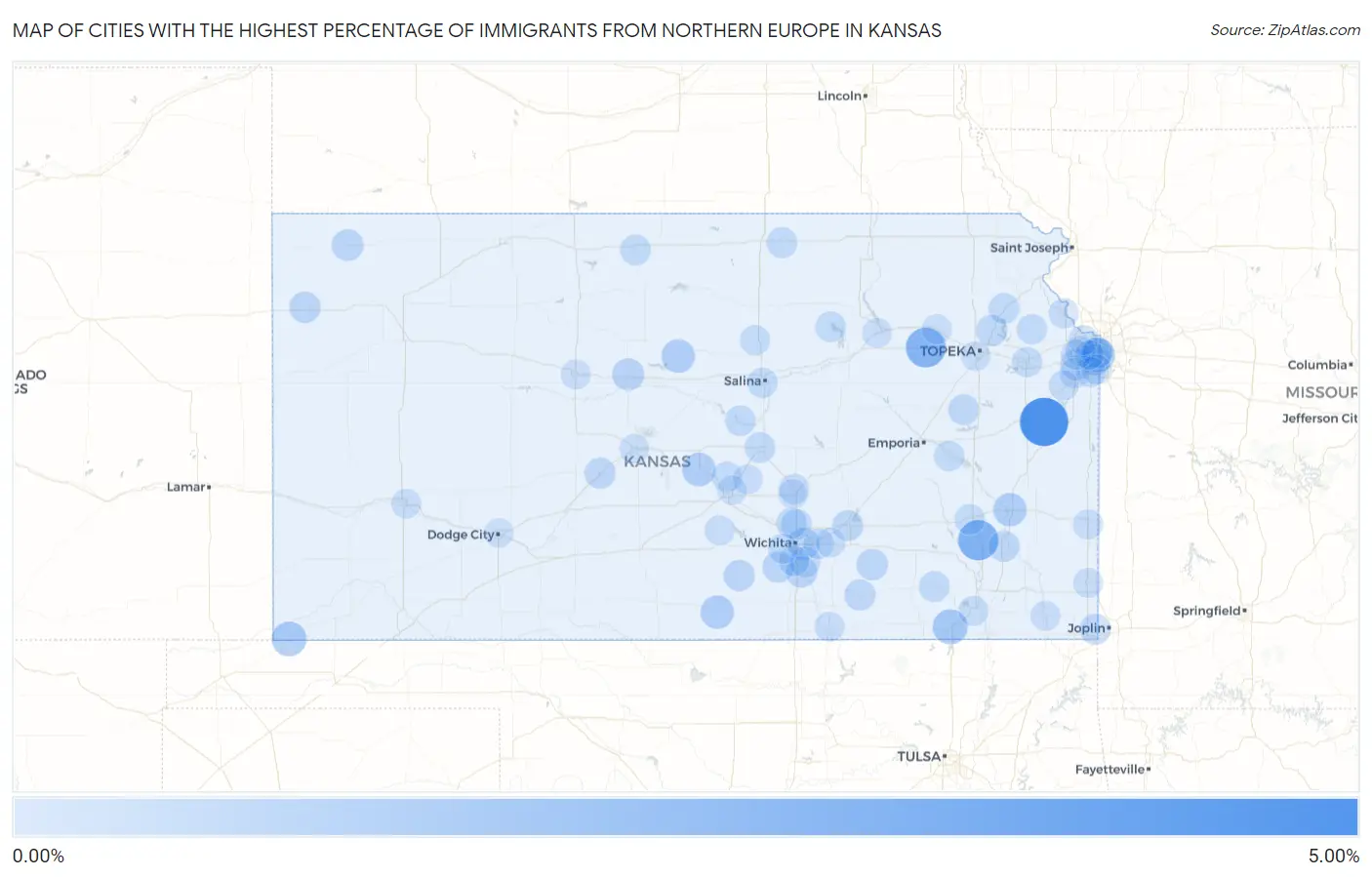 Cities with the Highest Percentage of Immigrants from Northern Europe in Kansas Map
