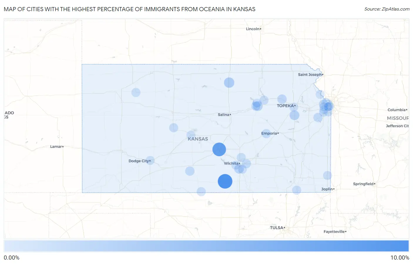 Cities with the Highest Percentage of Immigrants from Oceania in Kansas Map