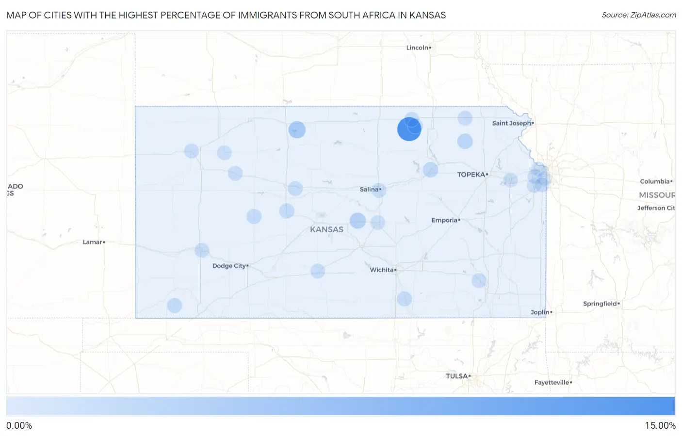 Cities with the Highest Percentage of Immigrants from South Africa in Kansas Map
