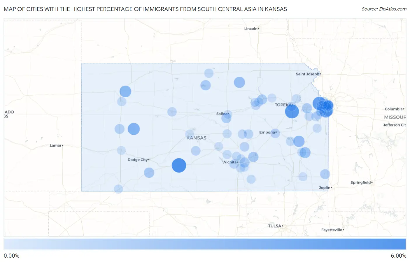 Cities with the Highest Percentage of Immigrants from South Central Asia in Kansas Map
