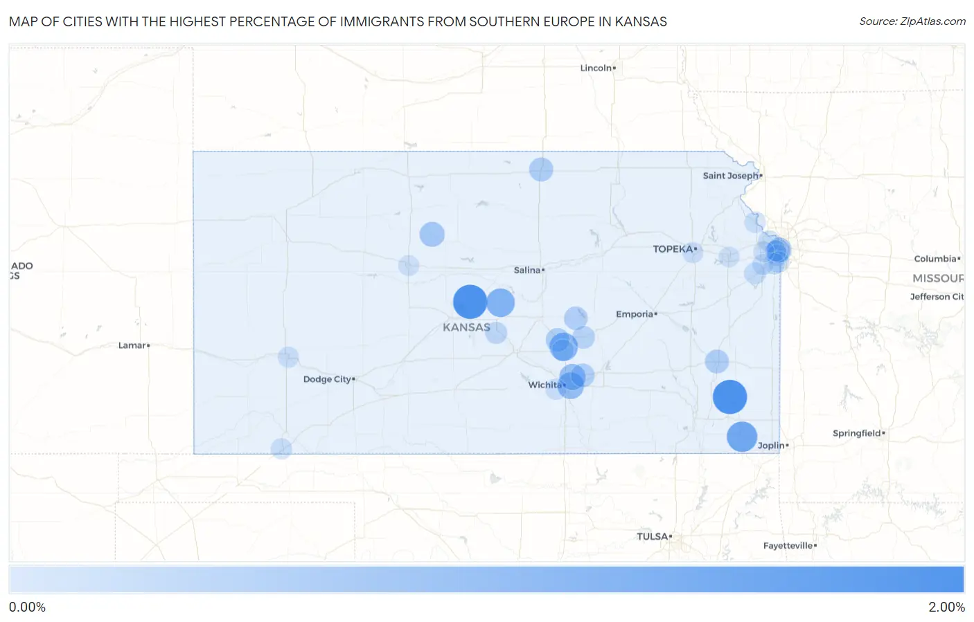 Cities with the Highest Percentage of Immigrants from Southern Europe in Kansas Map