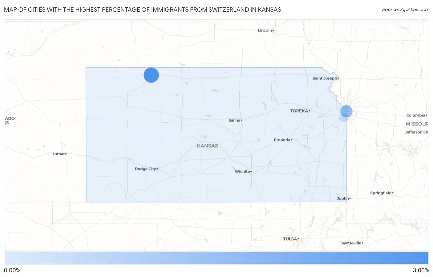 Cities with the Highest Percentage of Immigrants from Switzerland in Kansas Map