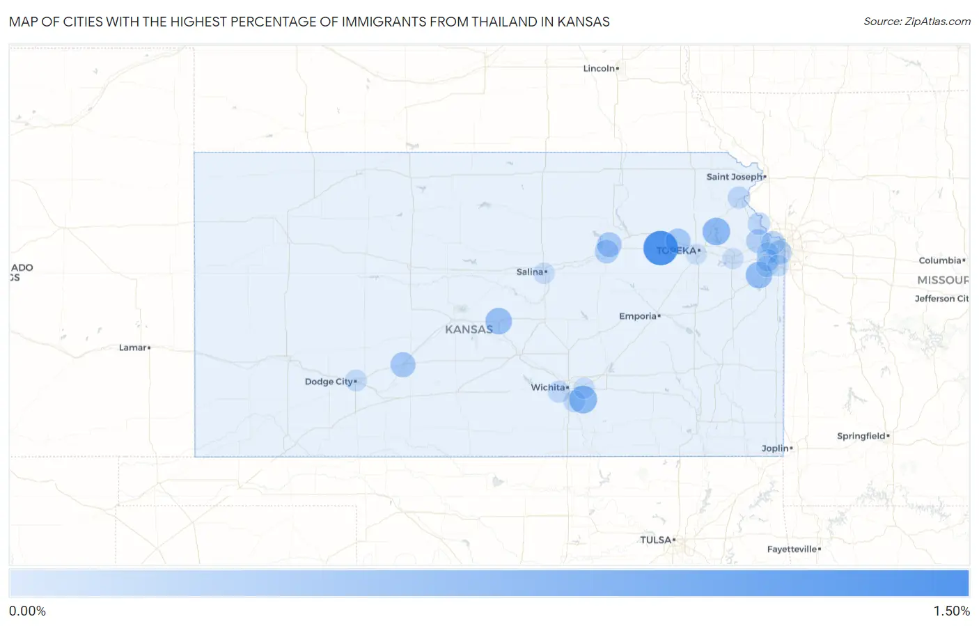 Cities with the Highest Percentage of Immigrants from Thailand in Kansas Map